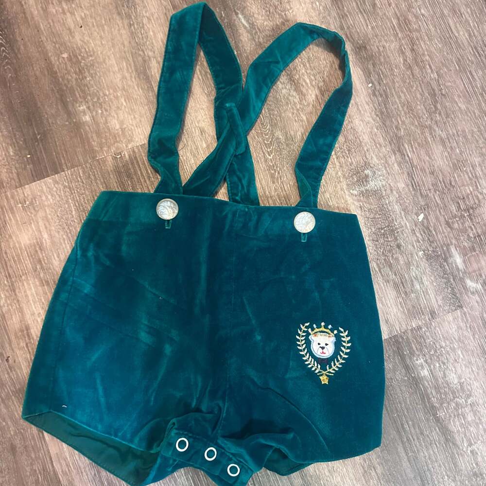Vintage 90s Velvet Overalls 18M Green Crowned Bear Embroidered Boutique Romper